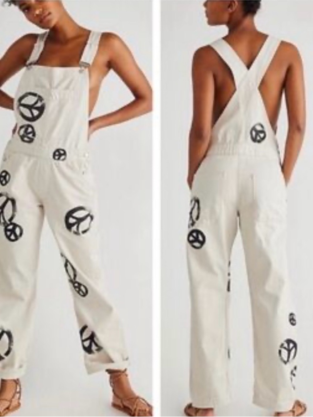 We The Free Cream Denim Overalls with Black Print Accent